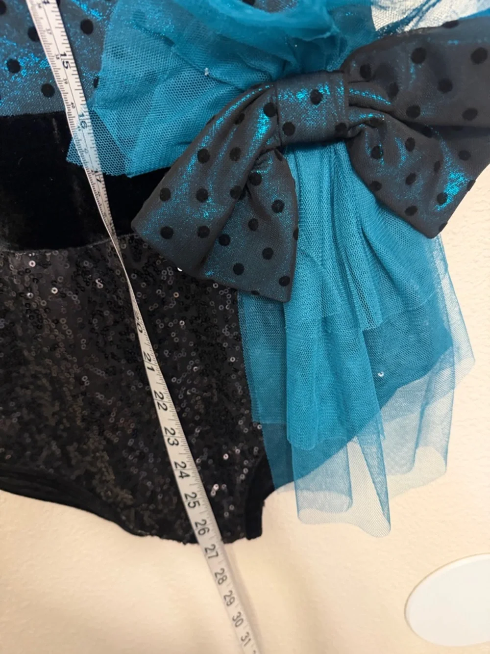 Curtain Call Dance Costume custom E1386 blue polkadot mesh leotard MA med adult